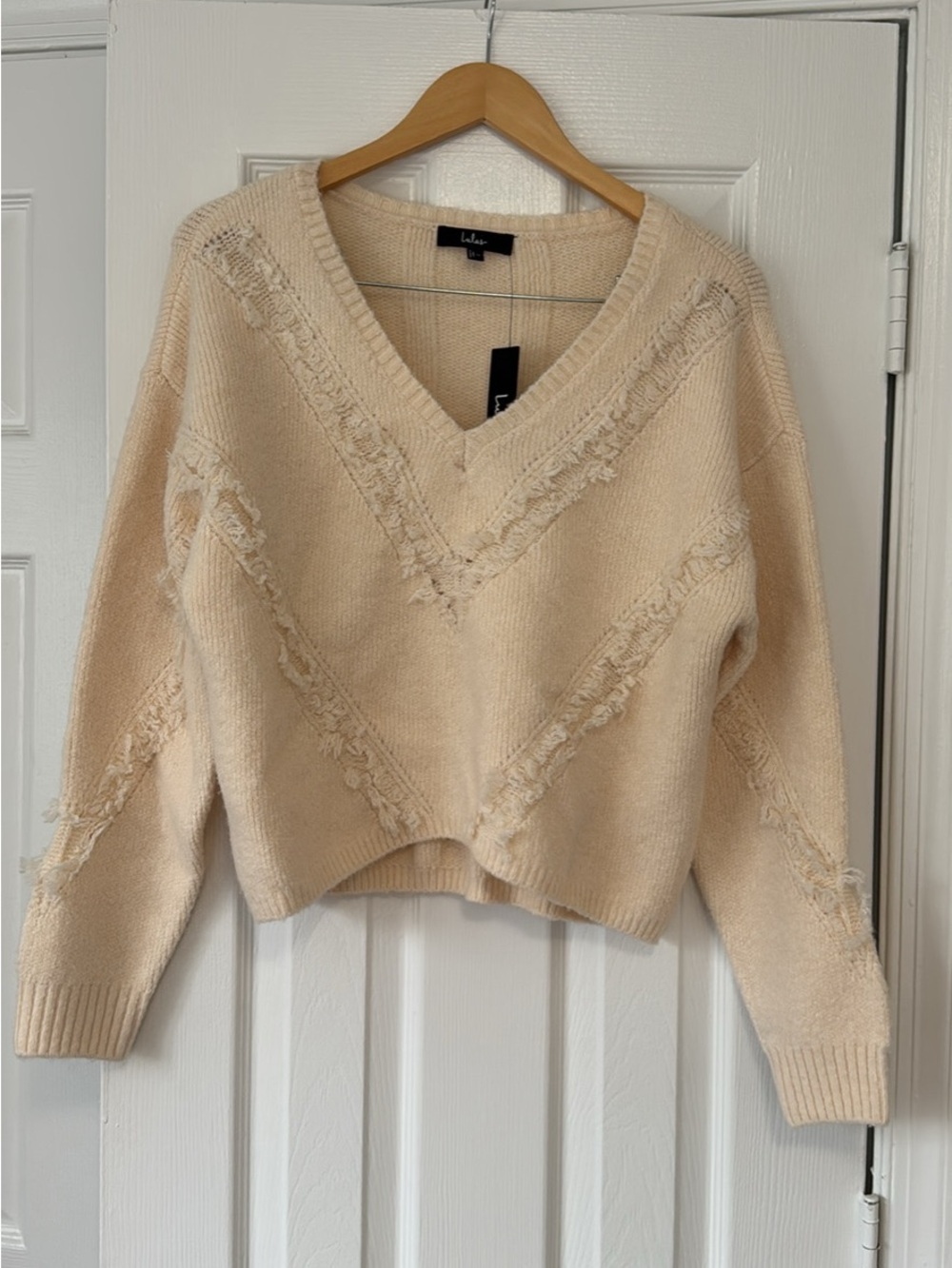 Lulu's Cream V-Neck Fringe Knit Sweater